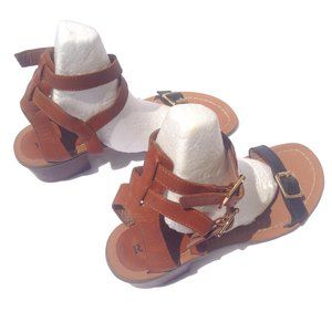 RENVY Double Strap Buckle Tan Black Sandals
